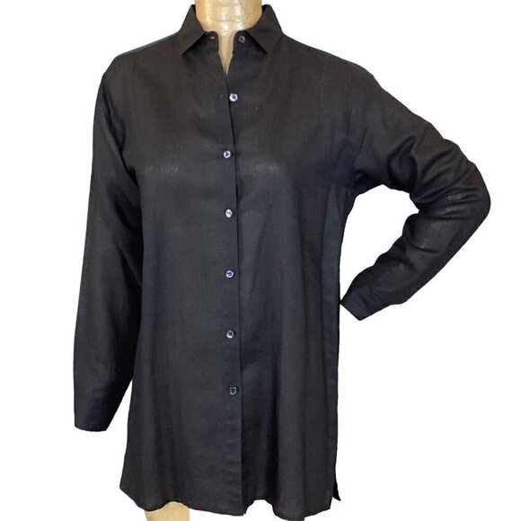 FWM Studio Ramie Cotton Button Up Tunic Shirt Top/Swim Cover-up M Black 103S - Picture 1 of 6